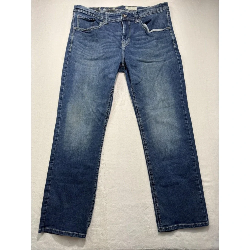 TK Axel Jeans Mens 36x30 Blue Denim Slim Bootcut Medium Wash Embroidered Pockets